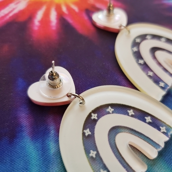 HANDMADE Plastic Acrylic Yellow Pink Orange Heart Boho Rainbow Earrings - Picture 6 of 8